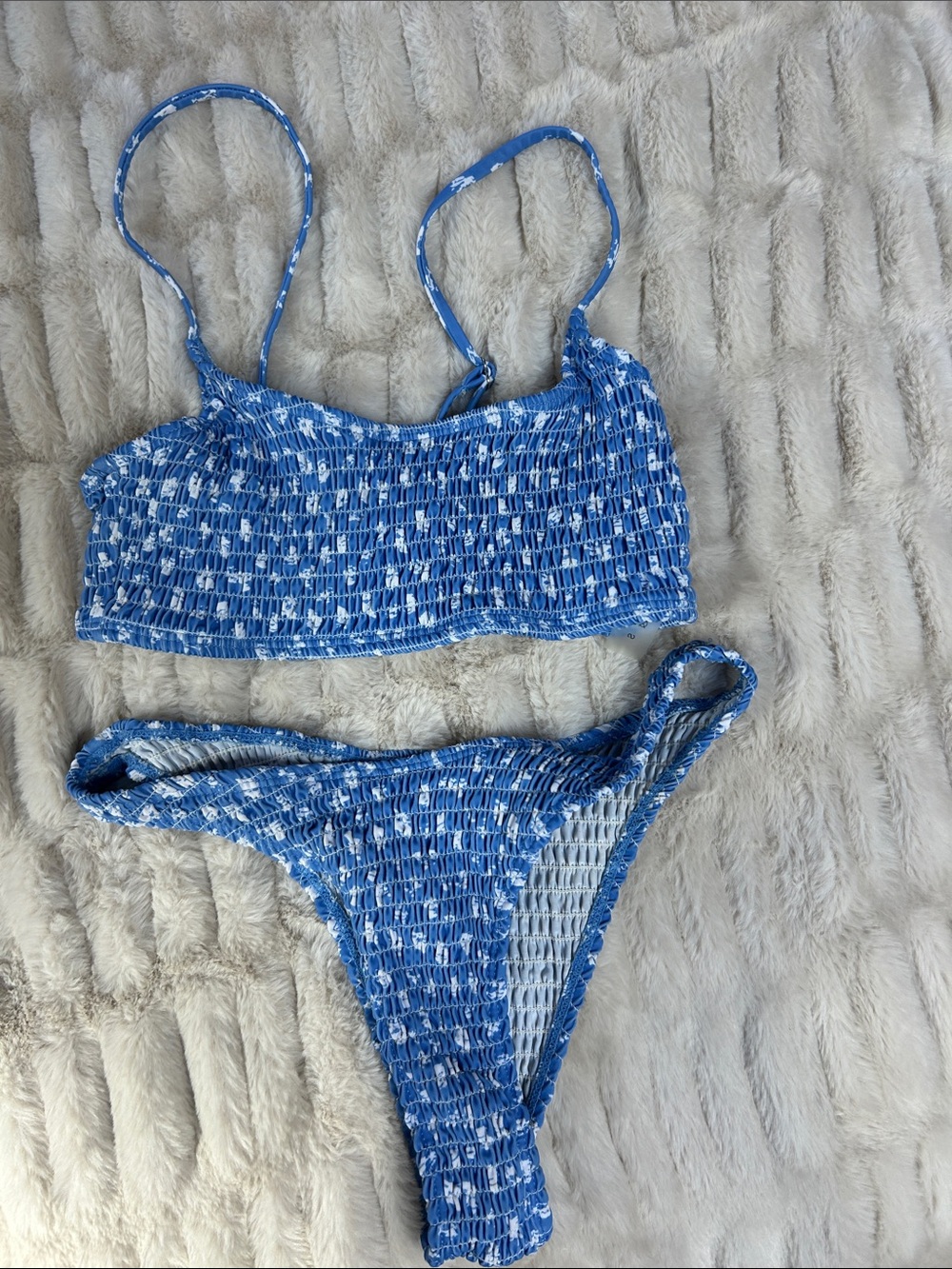 Frankie's Bikinis Blue Smocked Bandeau Bikini Set